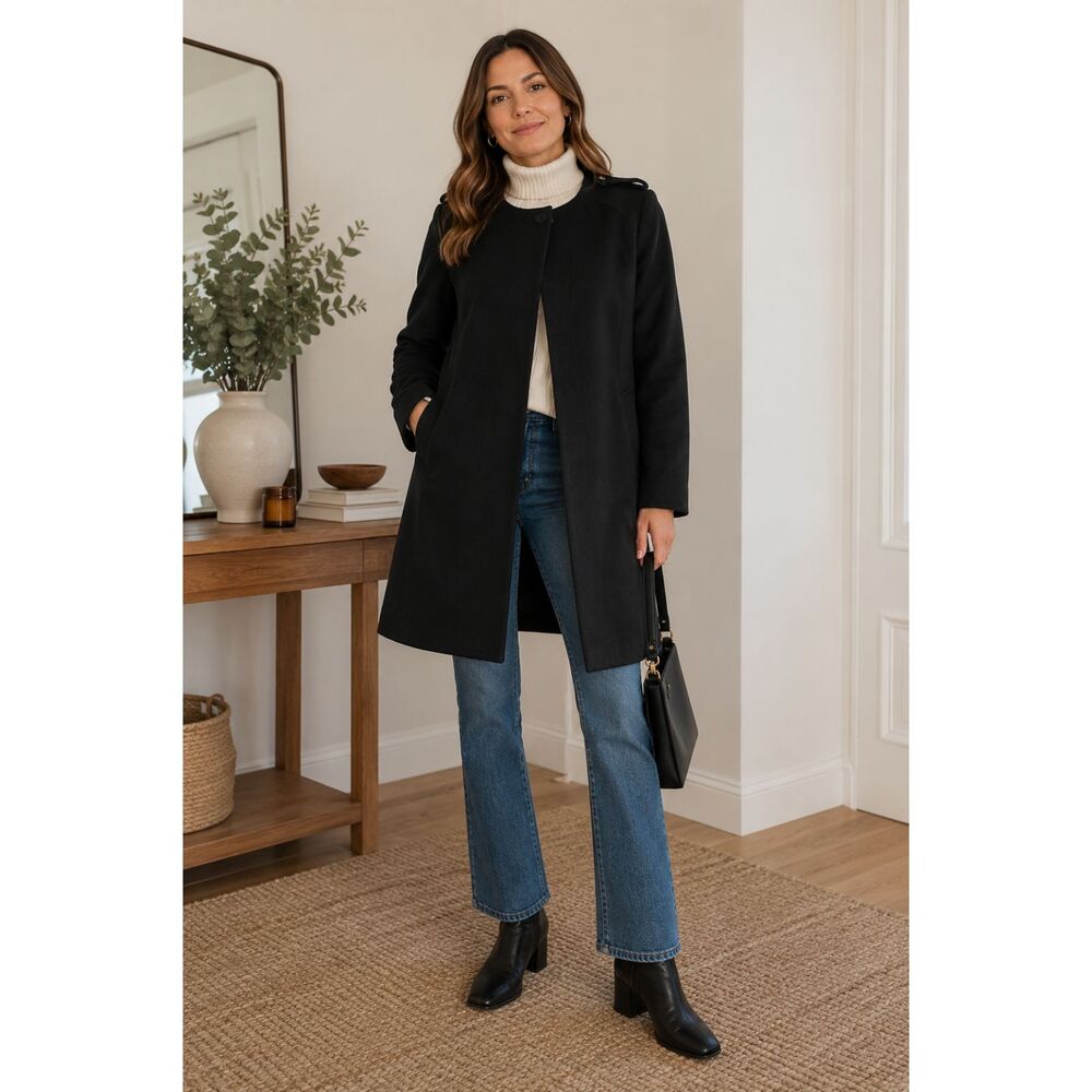 H&M Black Wool Blend Hidden Snap Coat Women's US 8 Classic A-Line